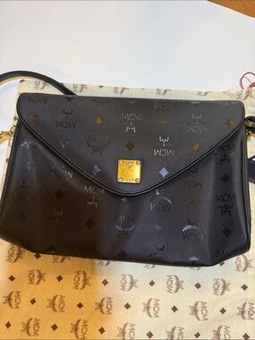 MCM Black Logo Envelope Clutch with Gold Plaque